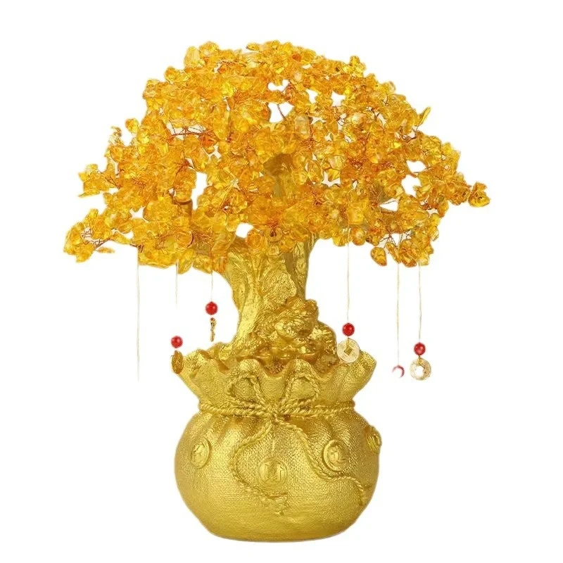 Sale Feng Shui Citrine/Yellow Crytal Money Tree with Chinese Dragon Pots Crystal Ornament Jewelry for Home Living Room