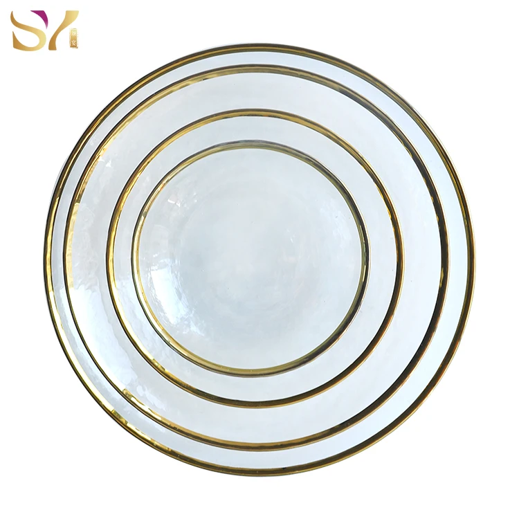 Wholesale clear and rose charger plate Crystal gold rim  luxury  Glass Dinner Plates set for  wedding