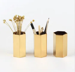 Gold circular Hexagon pen container