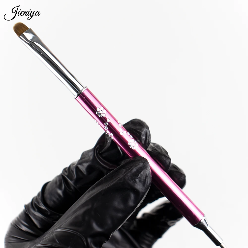 Jieniya hot selling Inlaid rhinestones pattern Metal Handle UV Gel dotting tool French brush double head nail art dual brush