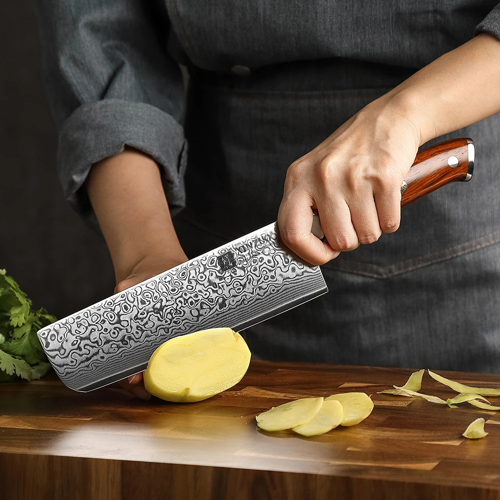 XINZUO New 7 inch 67 Layers Damascus Steel Rosewood Handle Sharp Japanese Kitchen Vegetable Nakiri Knife with Wooden Sheath