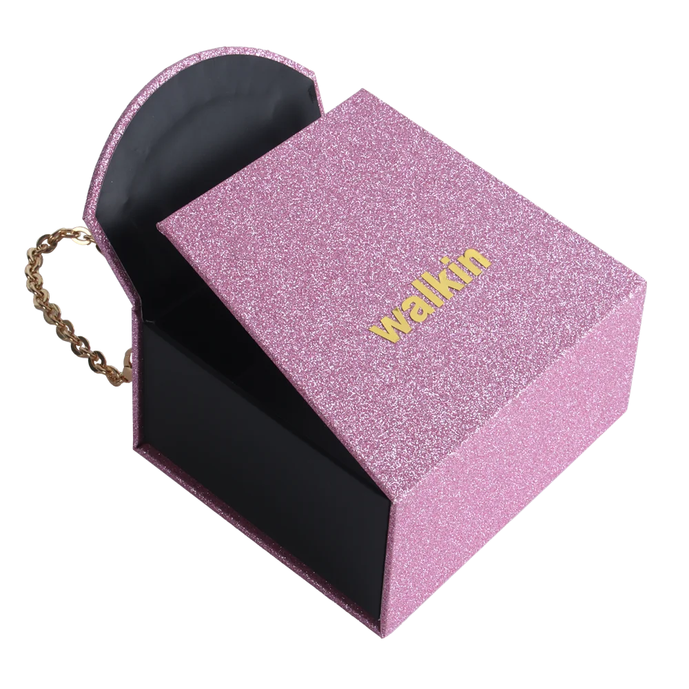 Custom Purple Magnetic Unique Handbag Design Cardboard Paper Packaging Gift Box For Perfume With Metal Chain Handle