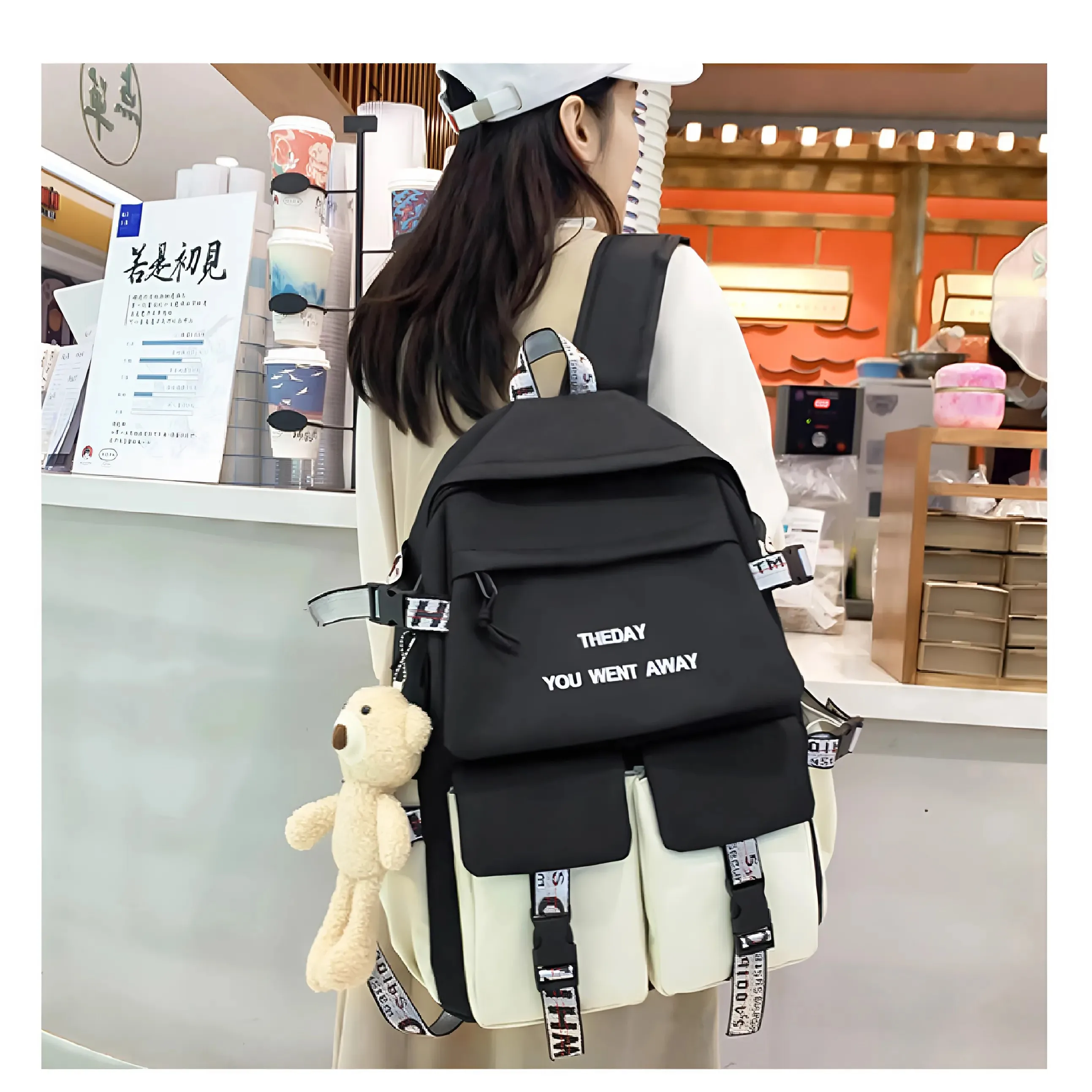 5pc/set Korean School Backpack for Teenager Girls Multi Pocket Students Schoolbag Canvas Women Shoulder Book Bag Laptop Rucksack