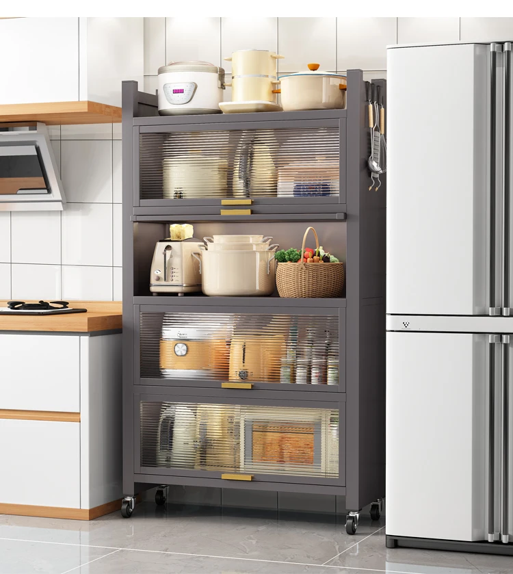 Standing Kitchen Cabinet with Flipping-up Dustproof Door Bamboo Kitchen Storage Cabinet for Bowl, Spice, Dishes Organizer