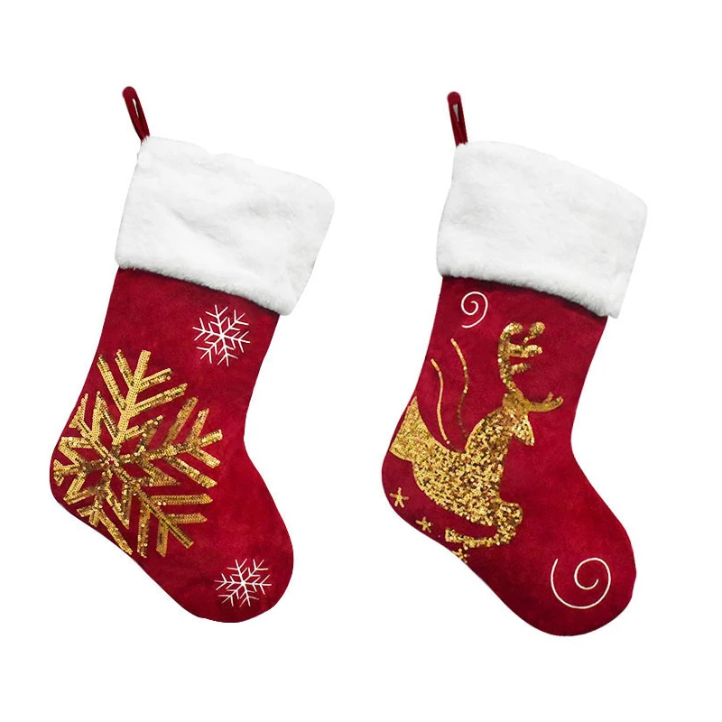 New Arrival Gold Sequins Embroidered Christmas Stocking Gift Candy Hanging Bag Reindeer Snowflake Style Socks Xmas Home Decor