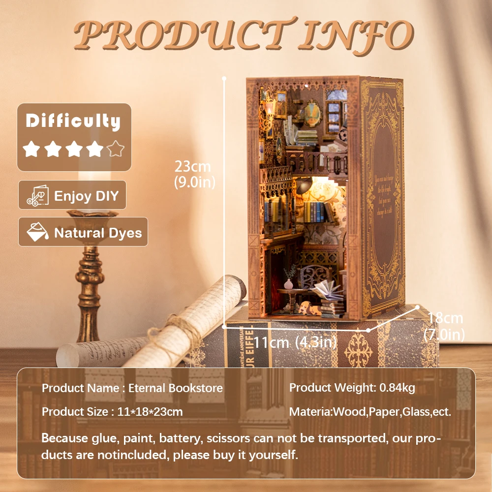 CuteBee 3D Wooden Puzzle Eternal Bookstore Handmade Craft Dollhouse with Light Building Model Toys Book Nook Kit