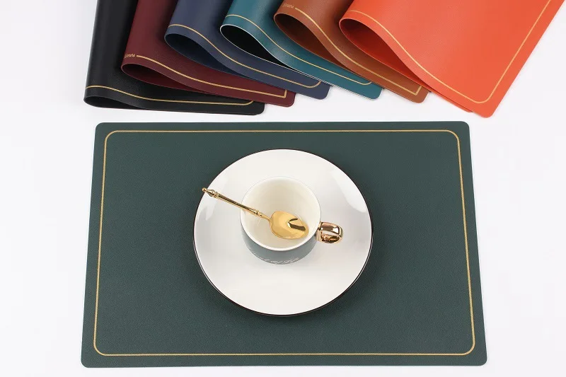 Custom Printed Nordic Kitchen Dining Leather Table Mat Pink Grey Brown Blue Orange Yellow Red Square Faux Pu Leather Placemat
