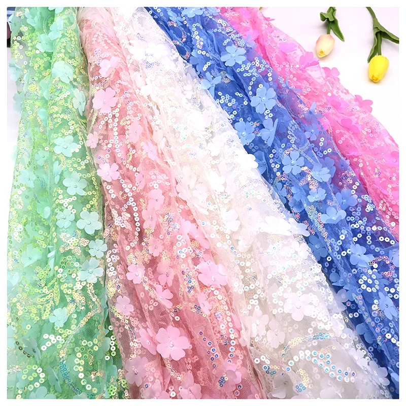 TDS008 Custom Multicolor 3D Floral Embroidered Tulle Lace Fabric for Dress Sequin Embroidered Tulle Mesh Fabric