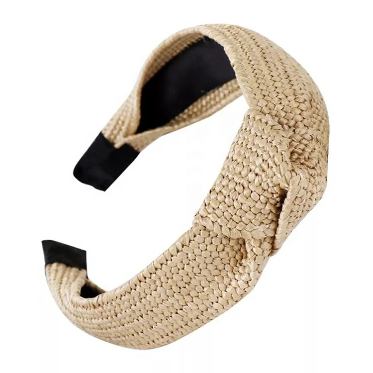 Customized Straw Braided Wide Rattan Headband Raffia Hand-woven Twisted Knot Headwrap for Women