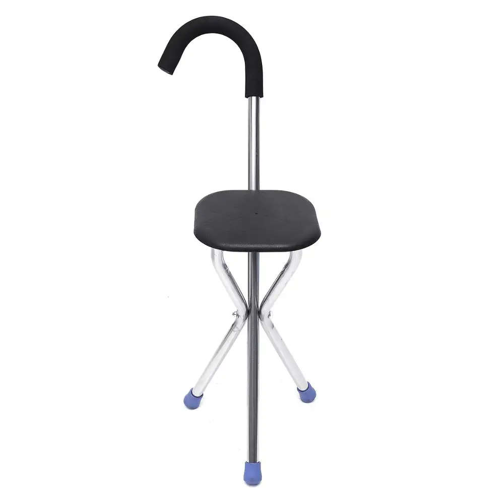 Portable 2 In 1 Stainless Lightweight Folding Walking Stick With Seat Tripod Stool Portable Walking Cane Chair For Old People