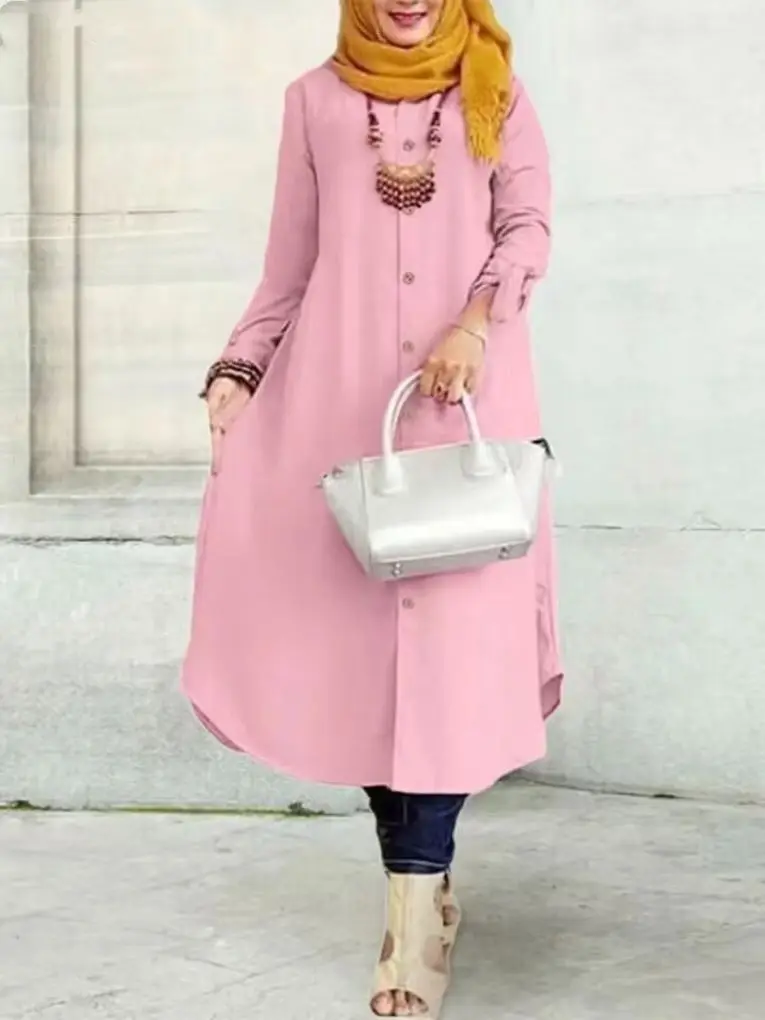 2024 Eid New Arrival Muslim Dubai Solid Color Wooden Button Cuffs Bowknot Long Shirt Dress Casual Women Abaya Shirt Dresses