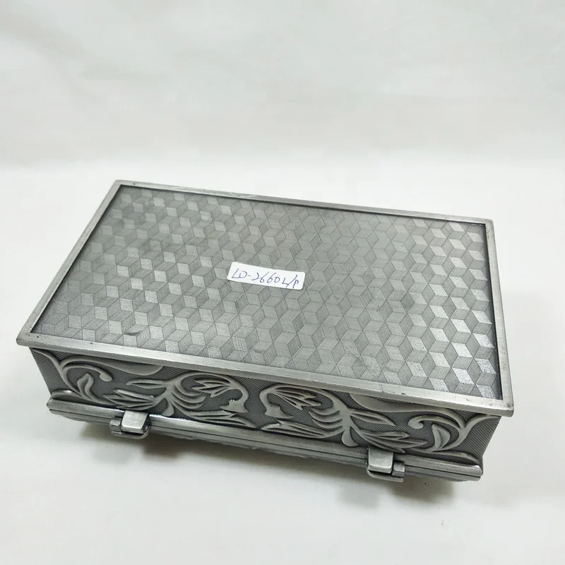 Zinc alloy large rectangle jewelry box with classical flower patternin in pewter plated