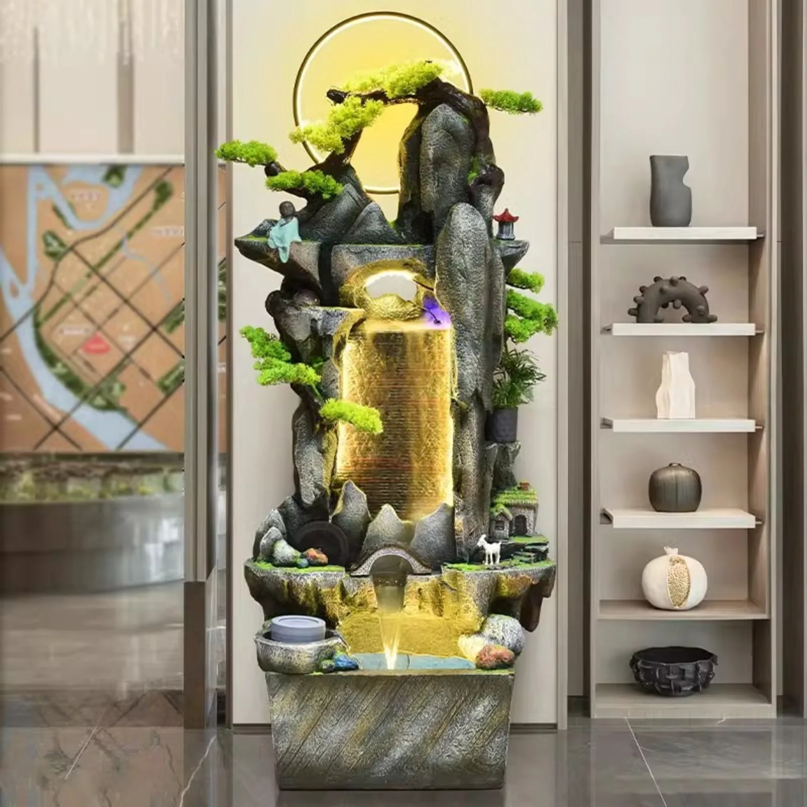 Large Decorative Indoor Zen Waterfall Fountain With LED Lighting Natural Rock Formation Bonsai Tree Accents and Water Wheel