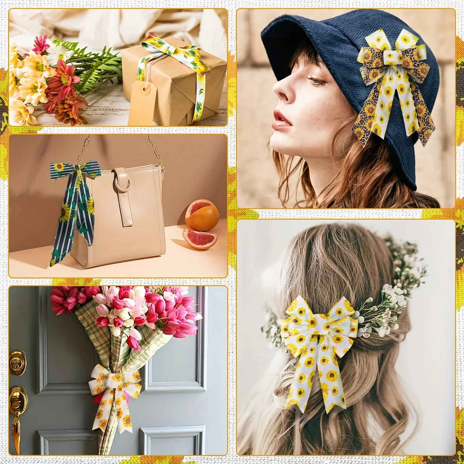 5 rolls 2.5-inch classic sunflower ribbon Idyllic style wired fabric, seasons Universal of versatile holiday streamer