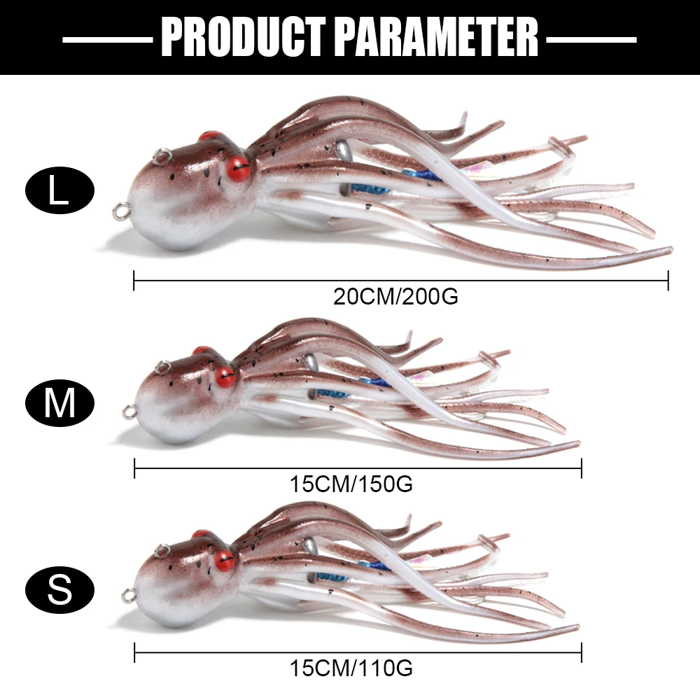Spinpoler The 3D Octopus Bait Fishing Lure Artificial Saltwater Long Tail Squid Skirt TPR/TPE Soft UV/Glow 110g/150g/200g Tackle