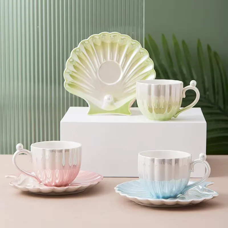 New Design European Light Luxury Creative Ceramic Pearl Shell Coffee Tea Cup And Saucer Set Gift Afternoon Tea Set
