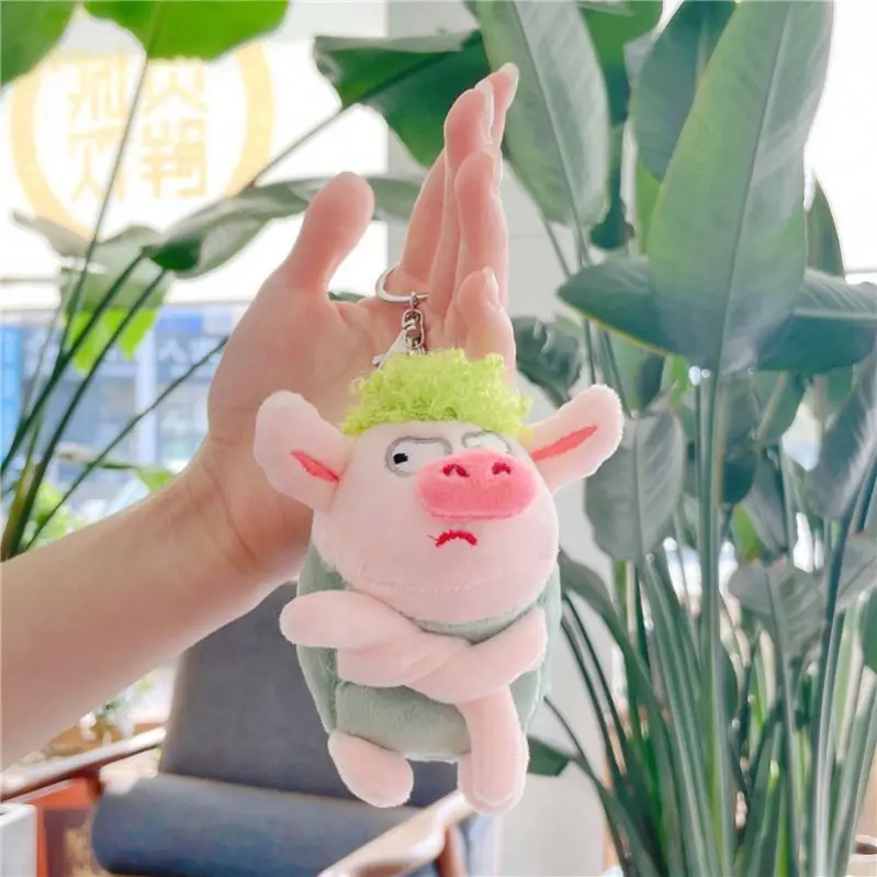 12cm Pig Plush Keychain Toy Mini Cute Cartoon Stuffed Animal Doll Bag charm Kids Gift Funny Kawaii Angry Green Hair Pig Keychain