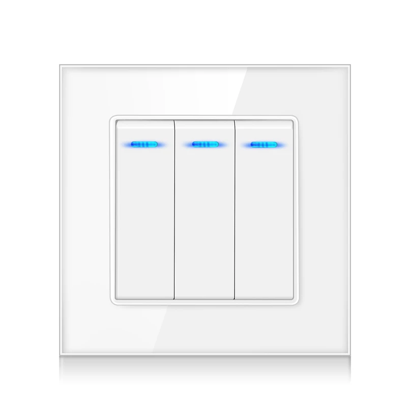 Crystal glass panel 3 Gang 2 way pass through LED indicator 16A On/Off light switch Stair wall switch