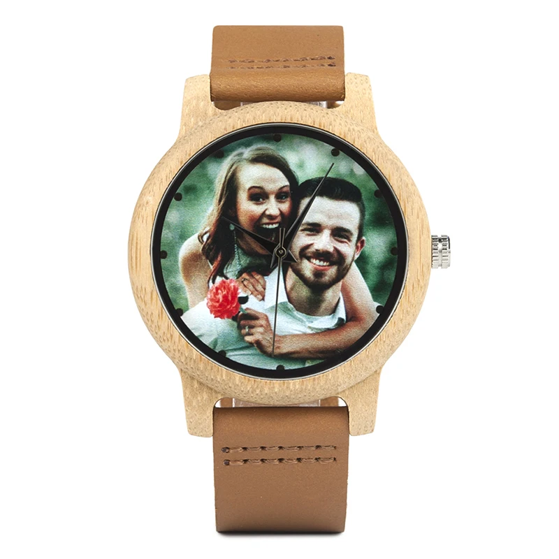 Customize photo printing couple lover bamboo wood watches with leather strap men women for valentine day gifts