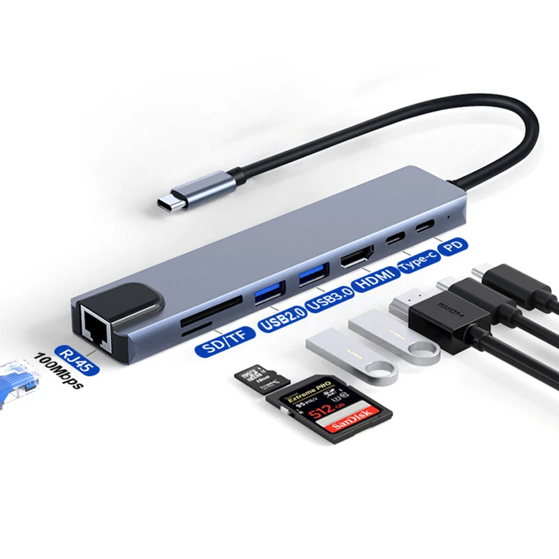 Custom Oem Type C Aluminium Compatible Tf Sd Card Reader Ethernet Port Pd Usb 3.0 Port Type C To Usb Hub With Rj45