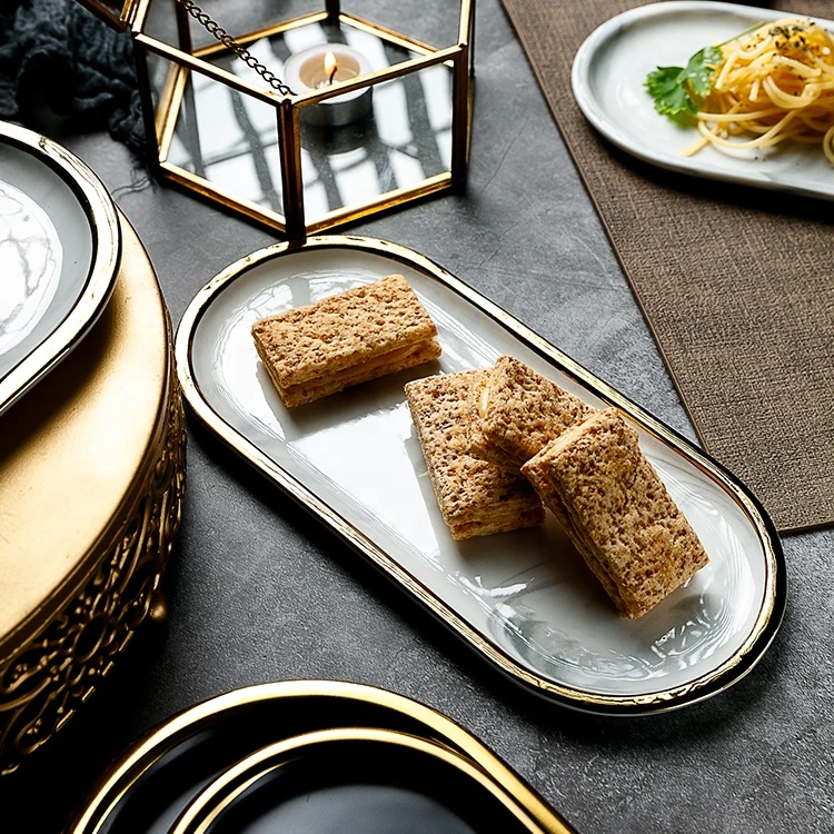 
Jade-cer ceramic marble large oval plate tray porcelain plate charger plates with gold 