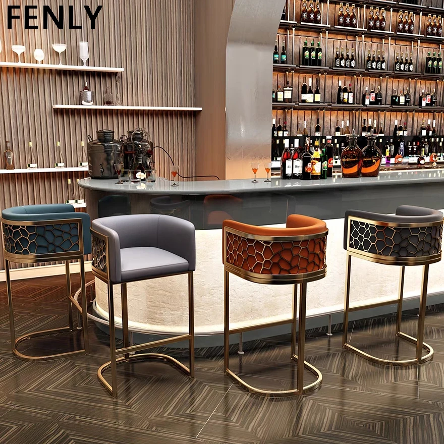 Luxury Modern Bar Chair with High Stool Stainless Steel Leg Iron Frame Leather Backrest-for Kitchen Dining Front Desk Bar Use