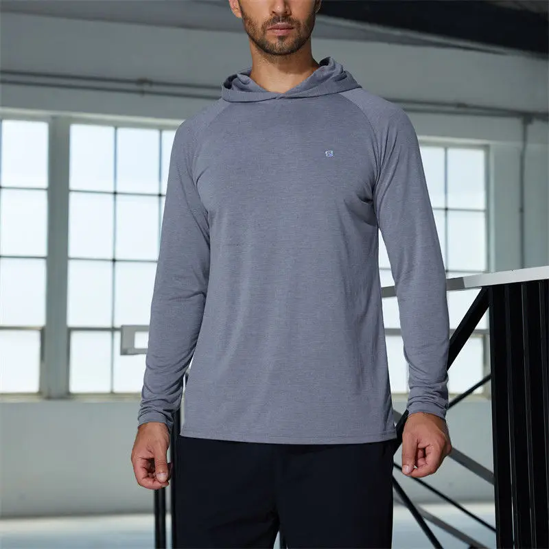 2023 Sportswear nylon spandex men running clothes gym lightweight sports elastic long sleeve t shirts with hood