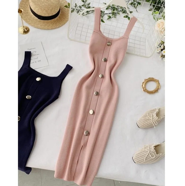 New Fashion Summer Womens Dress Self Color Vent Button Skirt Sleeveless Halter Square Collar Skirt Knit Dress - Buy Summer