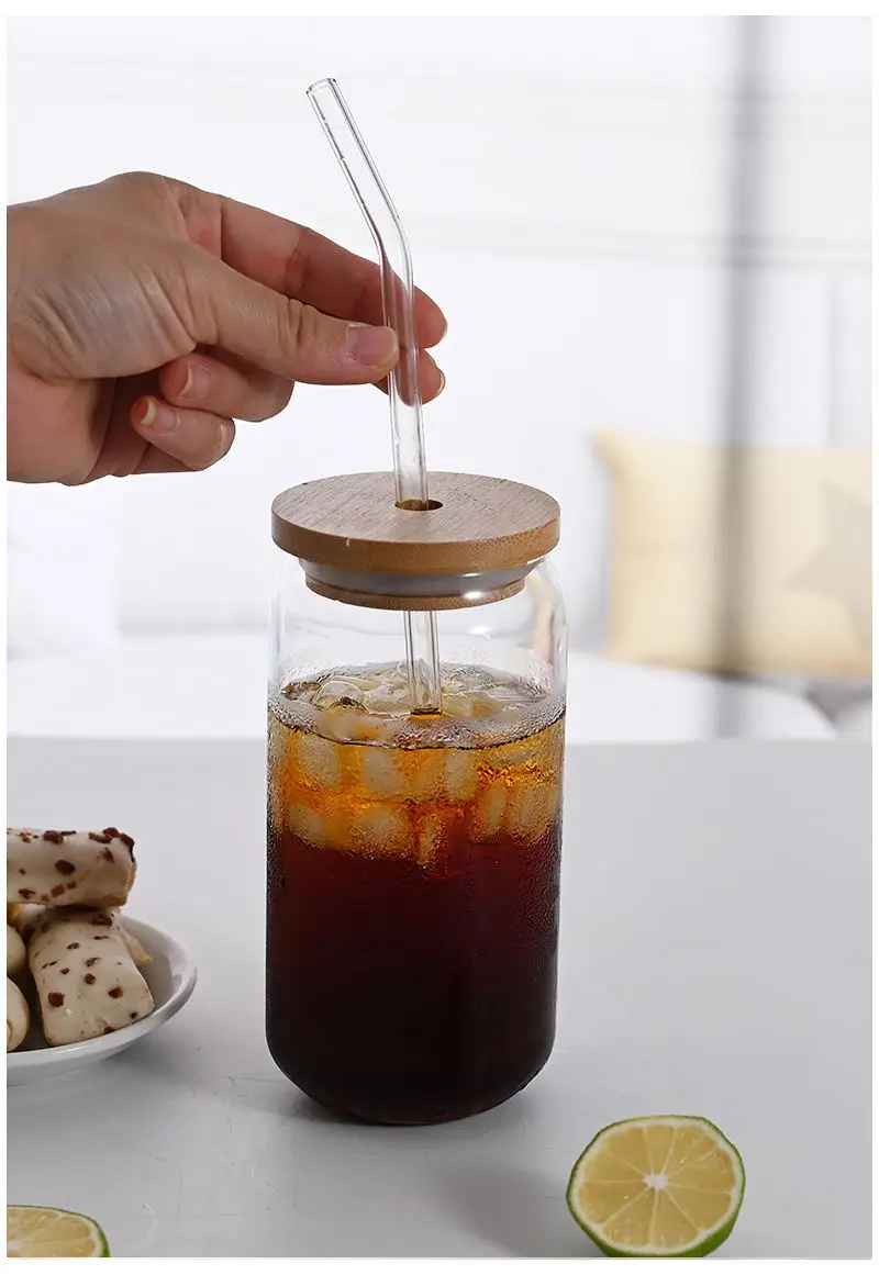Drinking Glasses with Bamboo Lids and Glass Straw 4pcs Set - 16oz Can Shaped Glass Cups, Beer Glasses, Iced Coffee Glasses, Cute