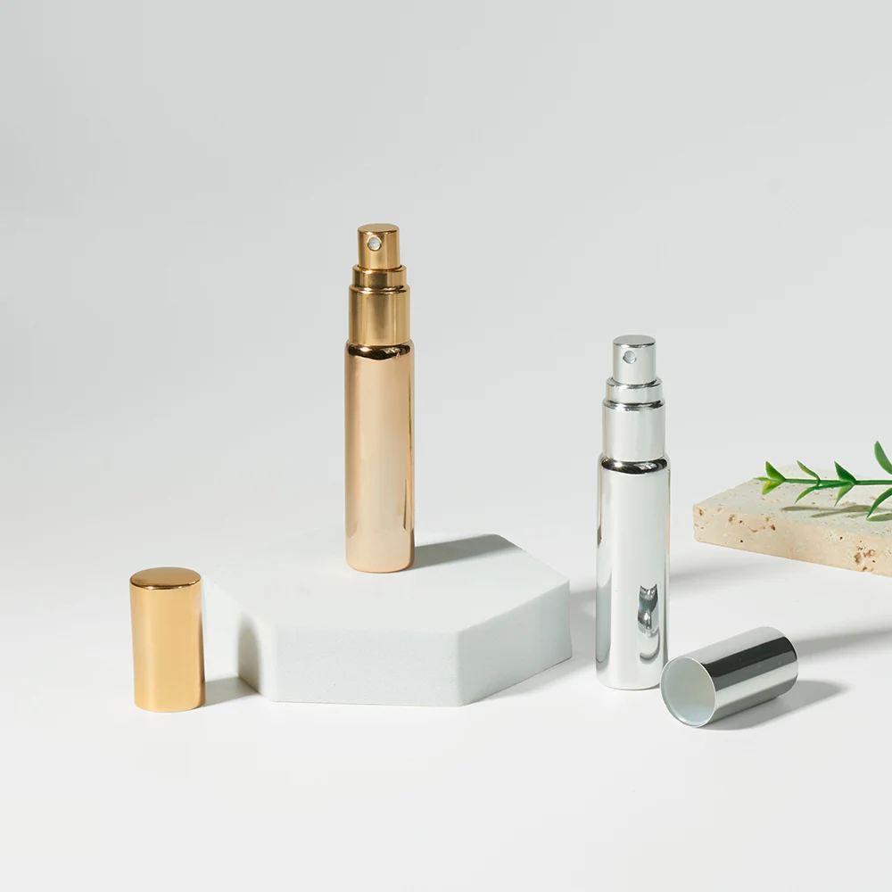 Refillable 10ml Empty Plated Silver Gold Black Perfume Spray Bottles Glass Shiny Cosmetic Toner Pump Sprayer Bottles With Lids