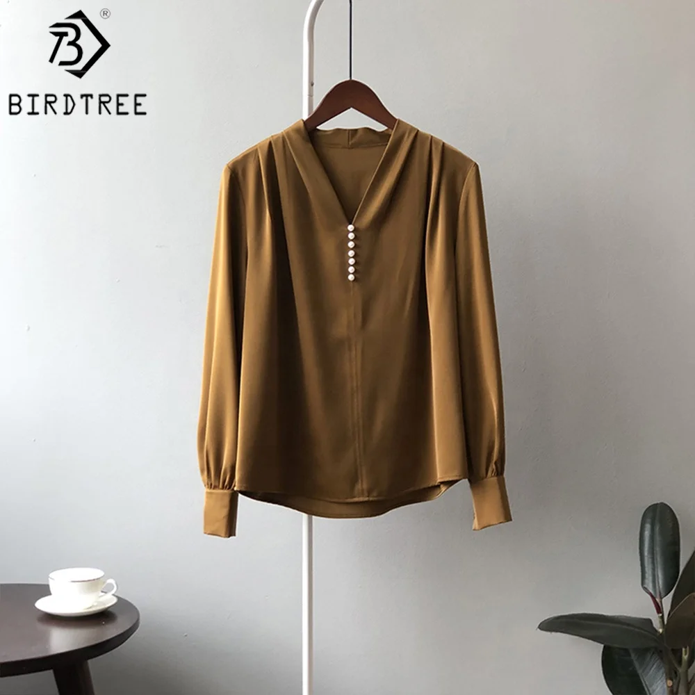 Women Autumn Satin Long Shirts Long Sleeves V Necks Beaded Elegant Loose Female Clothes Blouses Casual Winter Basic Tops