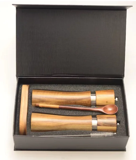 Beauty gift box design pepper mill acacia wooden pepper grinder set with OEM custom