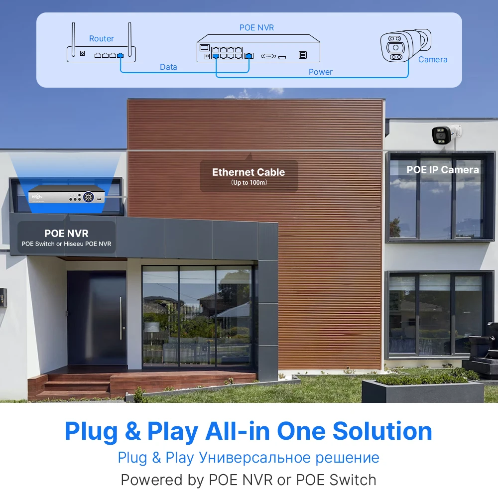 Hiseeu H.265+ Outdoor alarm two-way audio full color night vision ip 4k nvr 5mp poe cctv security camera system 16 channel