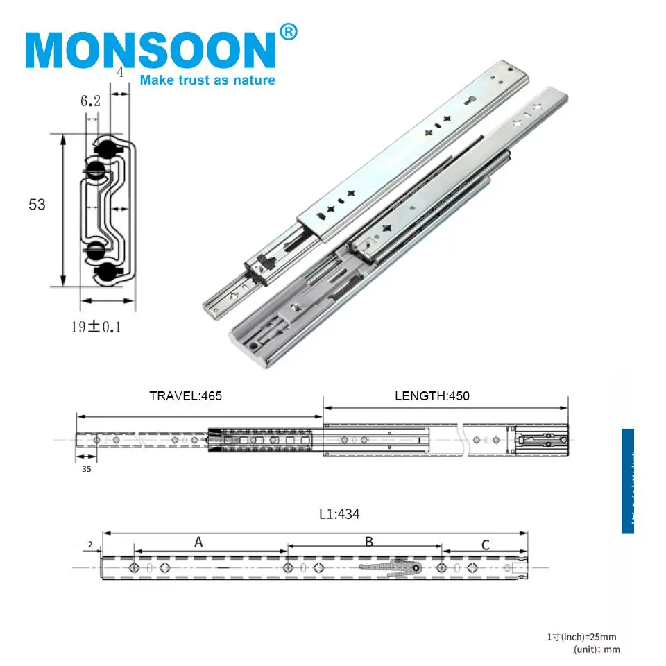 Heavy Duty industrial drawer slide runners telescopic hydraulic channel soft close 53mm kitchen heavy duty drawer slide