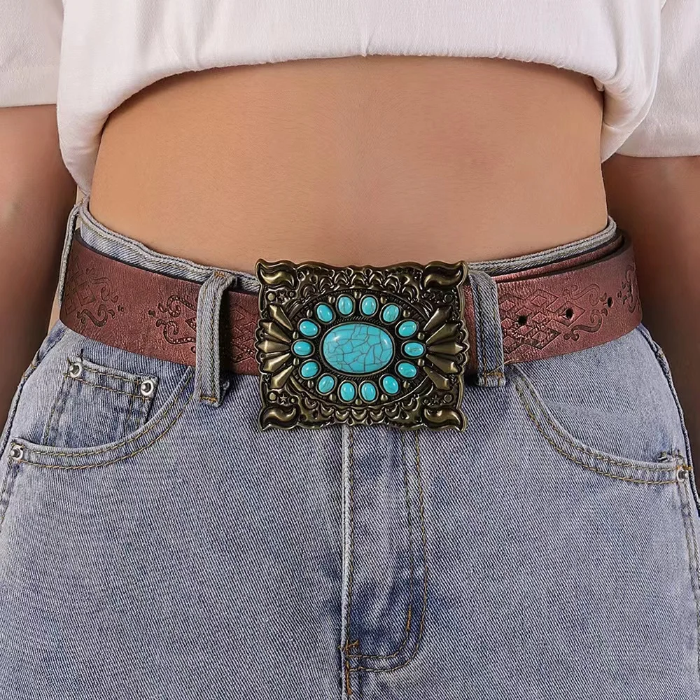 Retro ethnic belt square turquoise print alloy buckle fashion brown pu belt