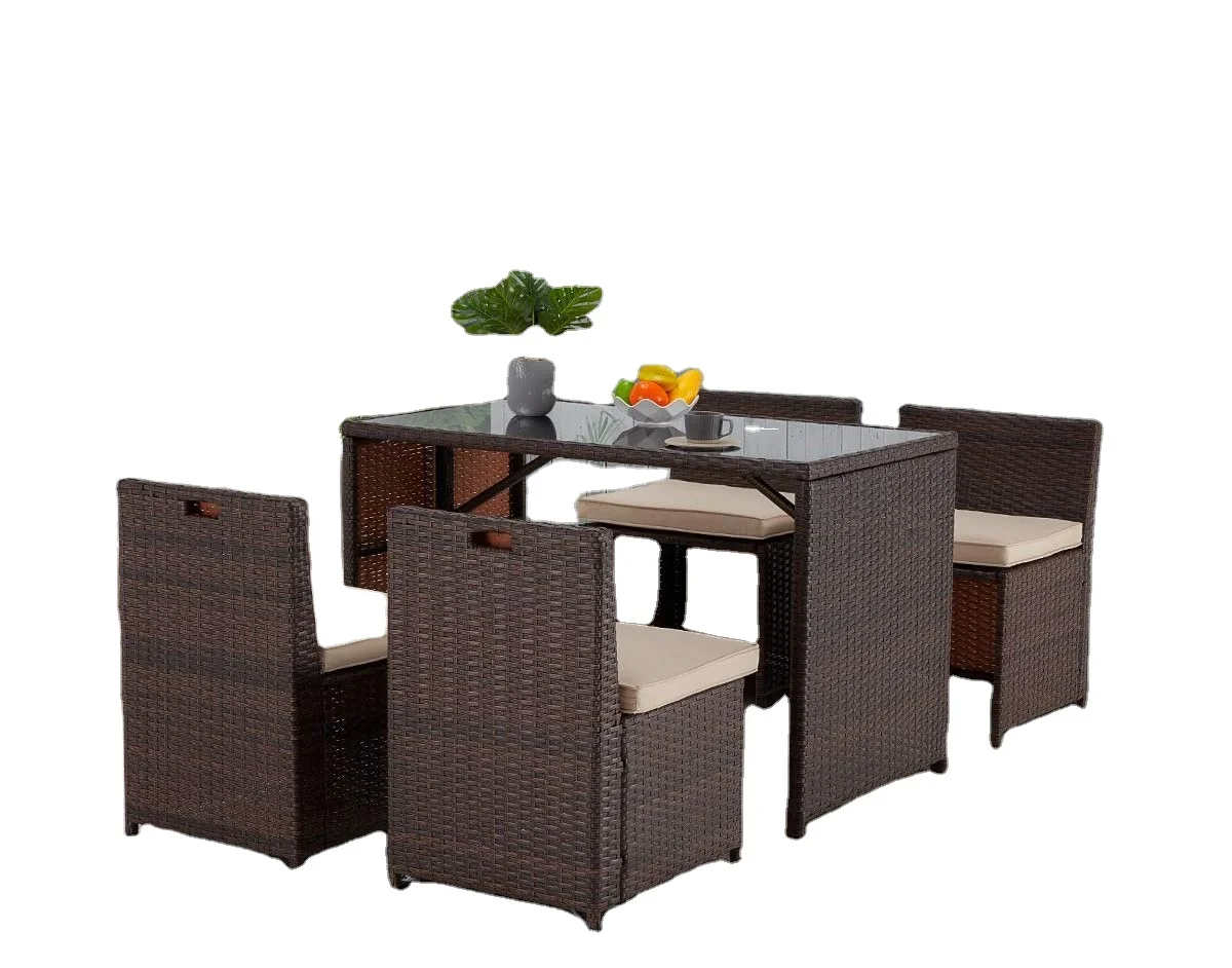 
5 Pieces Patio Dining Set Space Saving Rattan Chairs with Glass Table Outdoor Patio Furniture, Patio Table and Chairs 
