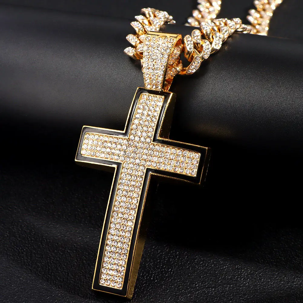 13MM Cuban Chain Christian Cross Pendant Necklace Hip Hop Women Religious CZ Stone Enamel Cross Necklace
