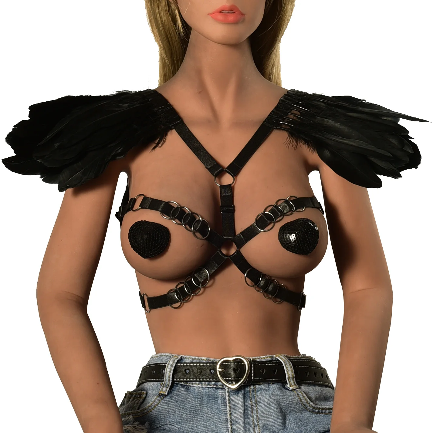 Feather Body Harness Mid Waist Mini A-line Skirt Fashion Cage Sexy Lingerie Punk  Fetish Exotic BurningMan Dance Rav   O0233