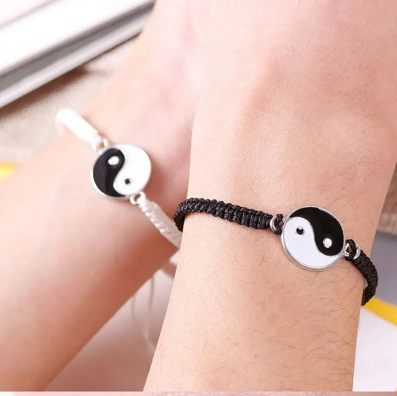1 Set Tai Chi Yin Yang Paired Pendants Charms Braided Chain Couple Couple Bracelet and Necklaces For Women Men Best Friends
