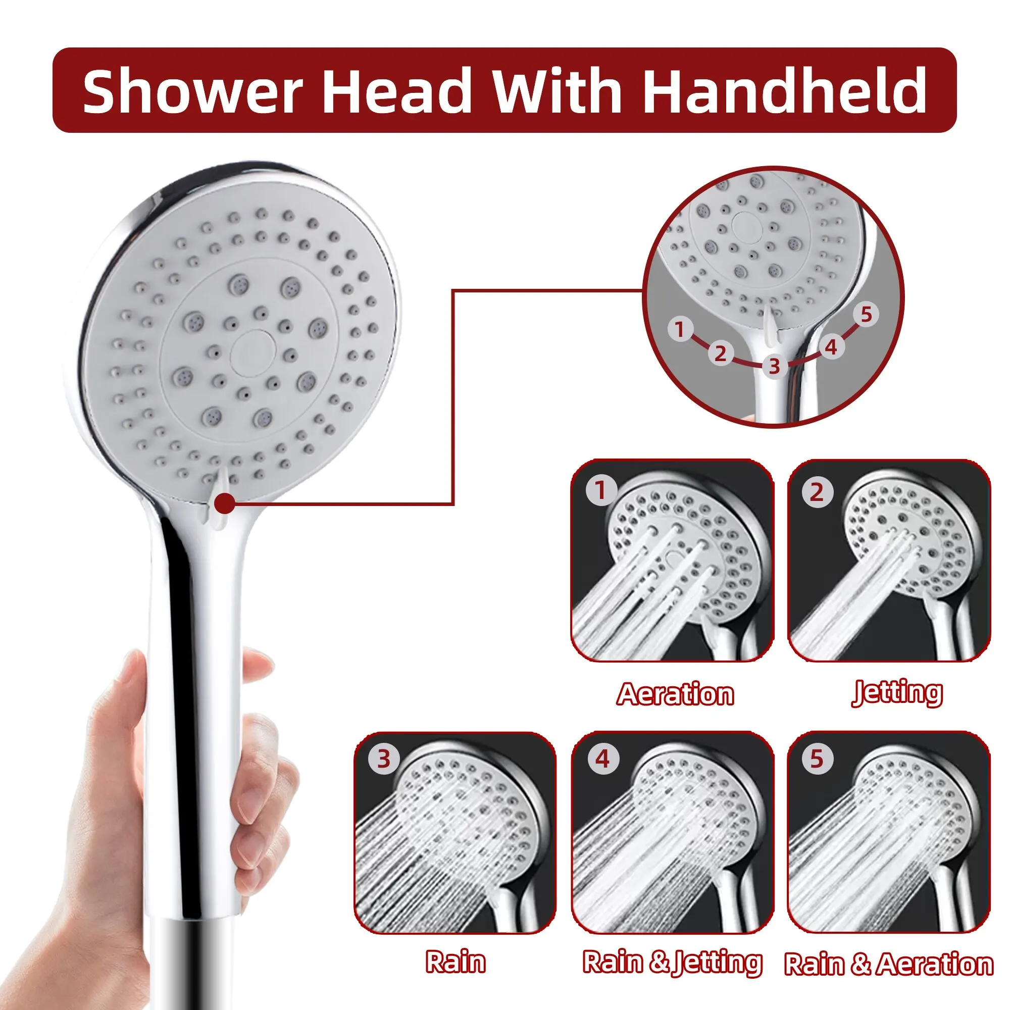 Adjustable Shower Set With 8 Inch High Pressure Rain Shower Head  And 5 Settings Handheld  Shower Spray With 1.5-1.8 m Long Hose