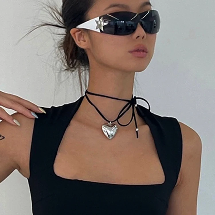 Trending Women Girls Hip Hop Street Style Multicolor Clear Blue Pink Green Dainty Red Heart Glass Pendant Necklace Jewelry