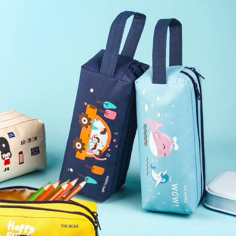 2023 Fashion Custom Logo Canvas Simple Style Pencil Case Multi Function Double Layer Pupil Student Pencil Case