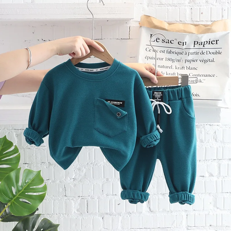 WEN Boys solid color sportswear suit middle and small children 1-5 years old autumn wear round neck long-sleeved sweater