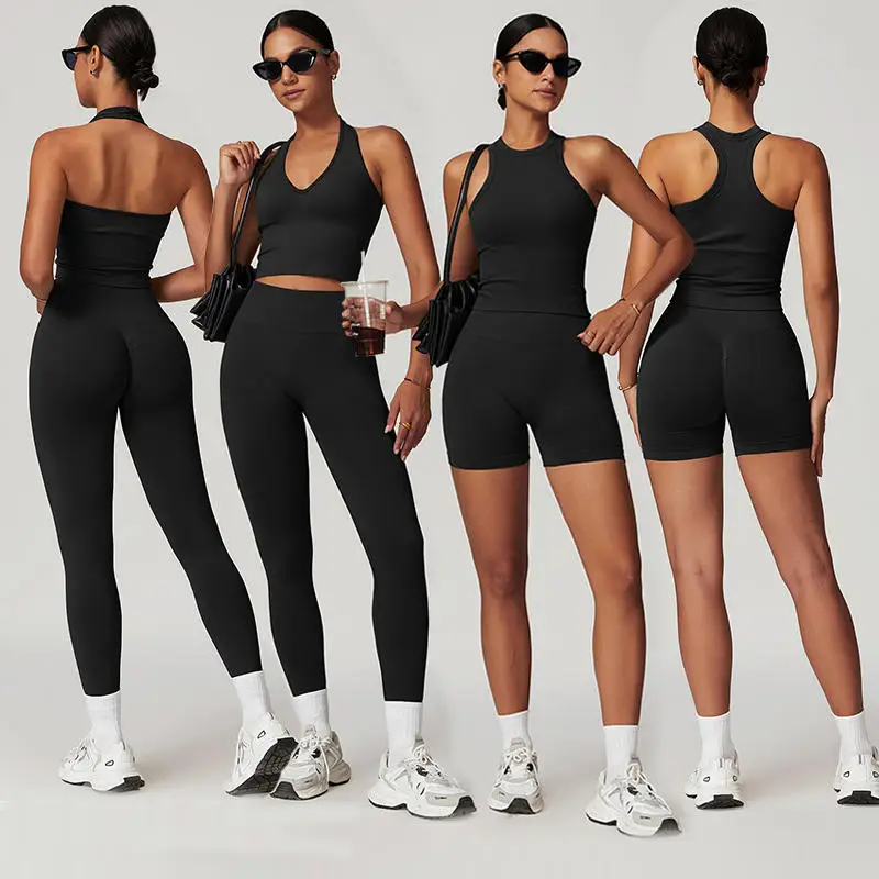 OEM ODM Women Seamless Slim Fit Yoga Set Sports Bra Tank Top Vest High Waist Leggings Biker Shorts Jacket Coat Fitness Gym Set