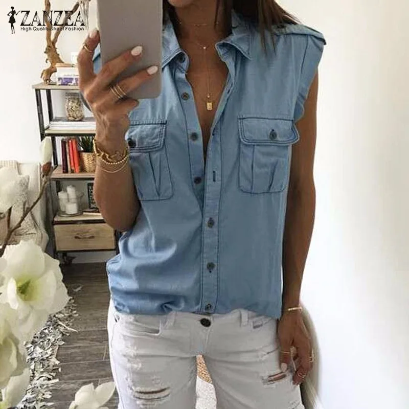 European and American wind denim casios smooth sleeveless shirt shirt women tops new  fashionable sets womens clothing 2021