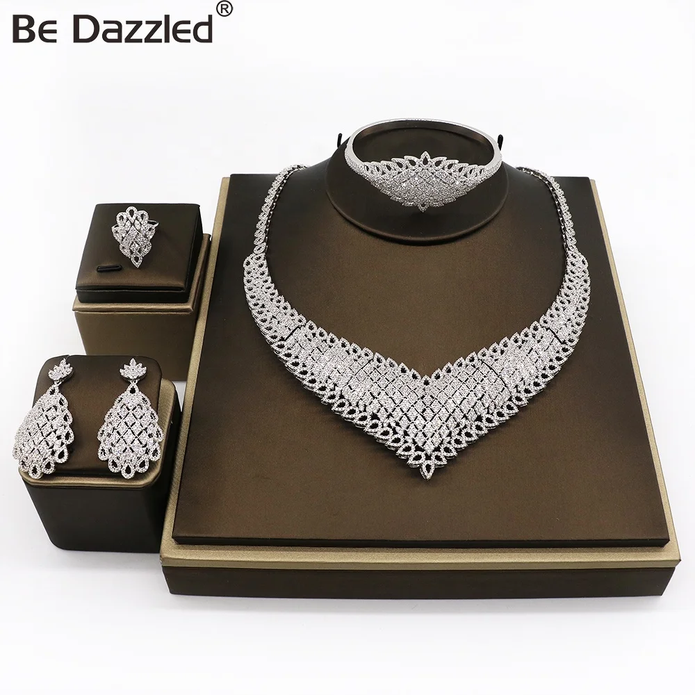 Bedazzled luxury designs rhodium and gold plated artificial bridal aaa cubic zircon jewelry set for nigeria women wedding