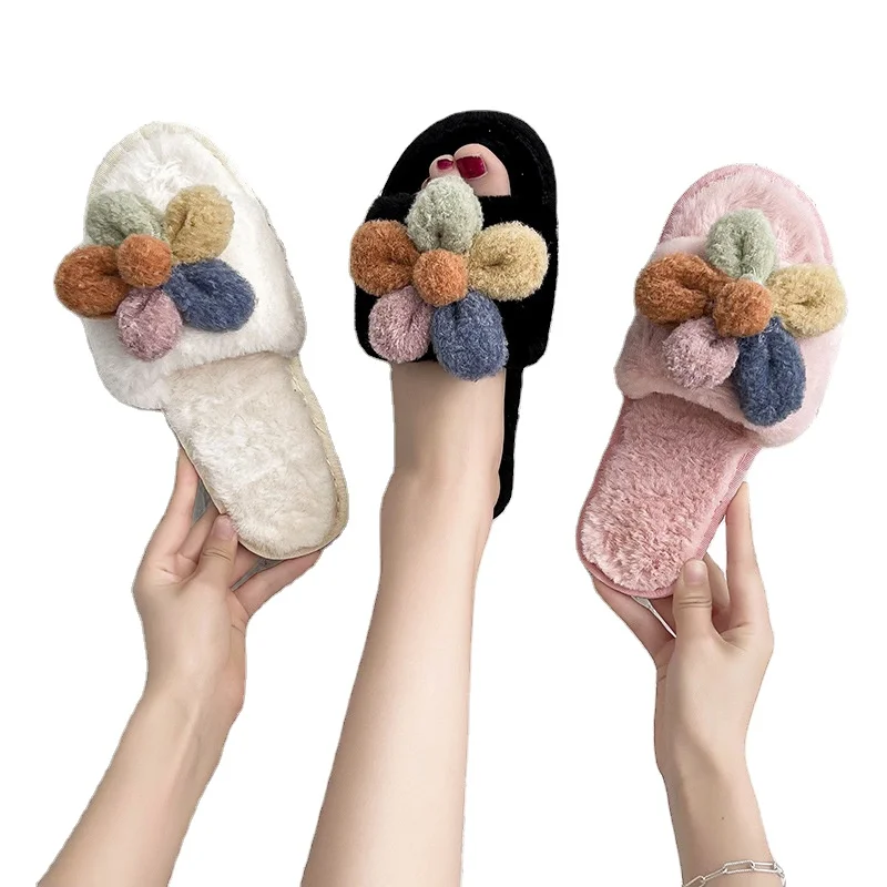 Spring Women Slippers Faux Fur Slides For Women Fluffy Slippers House Female Shoes Pom Pon Furry shoes