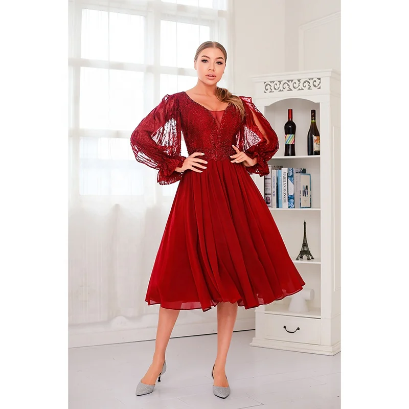 
 Plus Size Fashion Elegant Ball gown Short Mini Dresses Women Pure Red Lace Knee Length Party Evening Dresses With Long Sleeves  