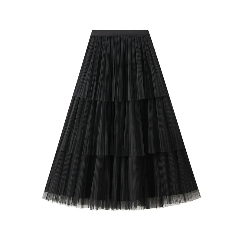 2024 spring new A- line bow mesh stitching cake dress midi organza skirt super fairy skirt