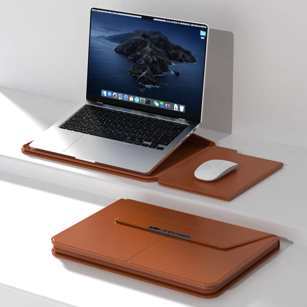 2025 Лидер продаж новая кожаная сумка для ноутбука Macbook с портативным ковриком мыши и стойкой подставкой использования на ходу